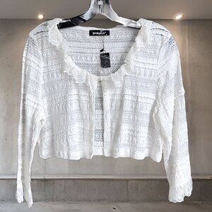 Allegra K White Lace Cropped Cardigan Medium | Ruffle Trim, Stretchy Knit, NWT